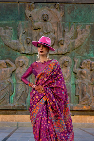 Onion Pink Organza Kashmiri Handloom Weaving Saree_Kumari Sarees