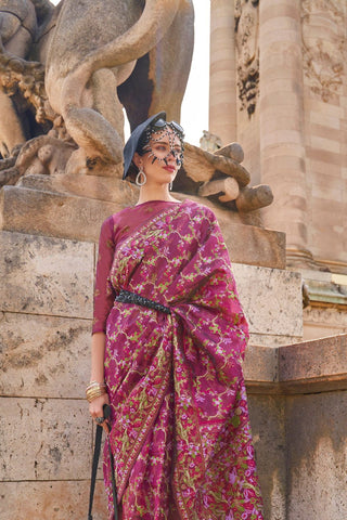 Onion Pink Organza Parsi Handloom Weaving Saree_Kumari Sarees