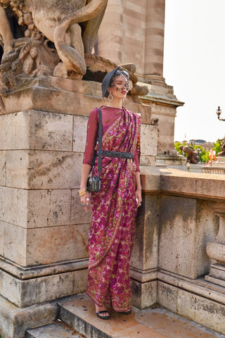 Onion Pink Organza Parsi Handloom Weaving Saree_Kumari Sarees