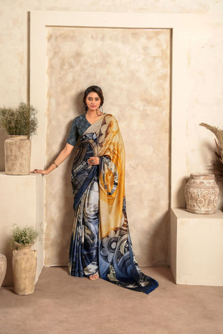 Orange & Dark Blue Satin Crepe With Digital Print Saree_Kumari Sarees