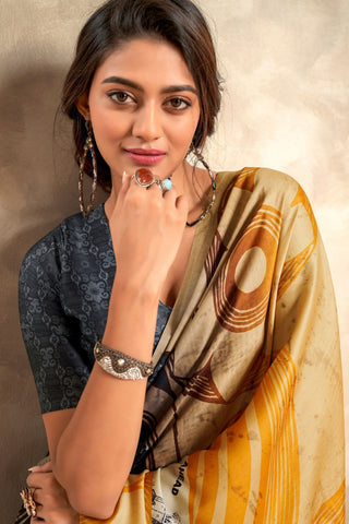 Orange & Dark Blue Satin Crepe With Digital Print Saree_Kumari Sarees