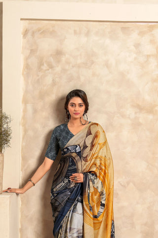 Orange & Dark Blue Satin Crepe With Digital Print Saree_Kumari Sarees