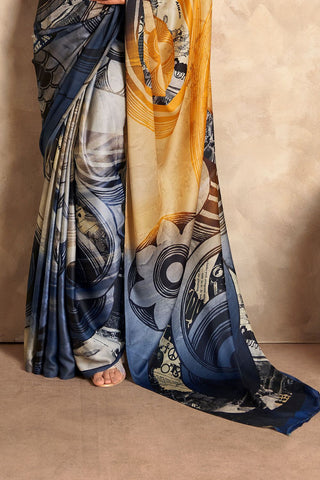 Orange & Dark Blue Satin Crepe With Digital Print Saree_Kumari Sarees
