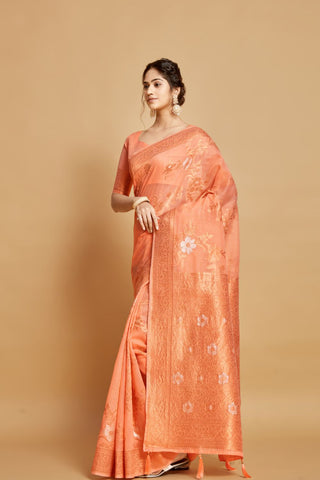 Orange Linen Chanderi Saree_Kumari Sarees