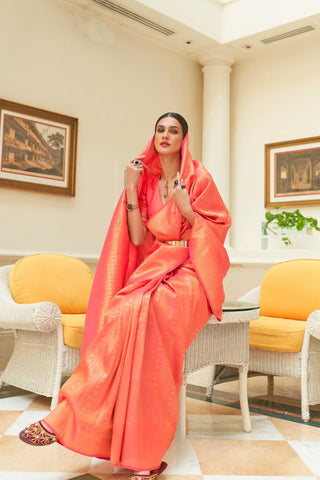 Orange Sequins Handloom Weaving Saree_Kumari Sarees
