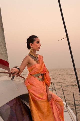 Orange Satin Pastel Two Tone Handloom Weaving Saree_Kumari Sarees