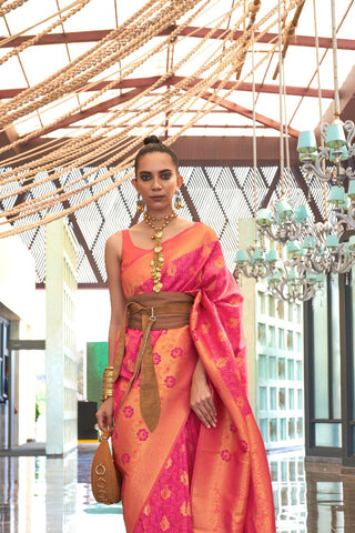 Orange Self Contrast Chaap Handloom Weaving Saree_Kumari Sarees_