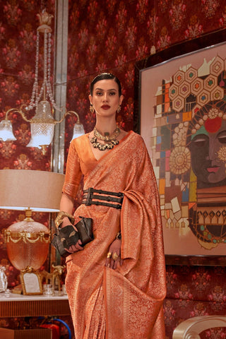 Orange Nylon Two Tone Zari Handloom Weaving Silk Saree_Kumari Sarees