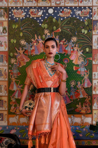 Orange Two Tone Handloom Weaving Organza Saree_Kumari Sarees