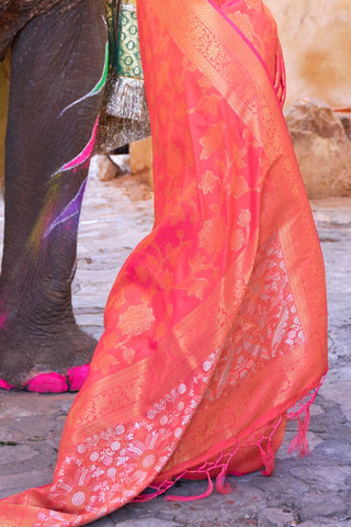 Orange Sequins Handloom Weaving Saree_Kumari Sarees