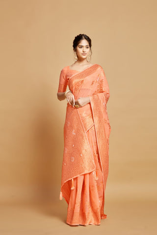 Orange Linen Chanderi Saree_Kumari Sarees