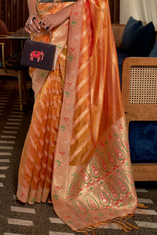 Orange Two - Tone Meenakari Weaving Organza Saree_Kumari Sarees