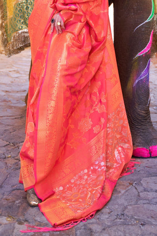 Orange Sequins Handloom Weaving Saree_Kumari Sarees