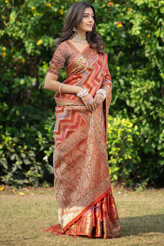 Orange Organza Leheriya Woven Design Saree