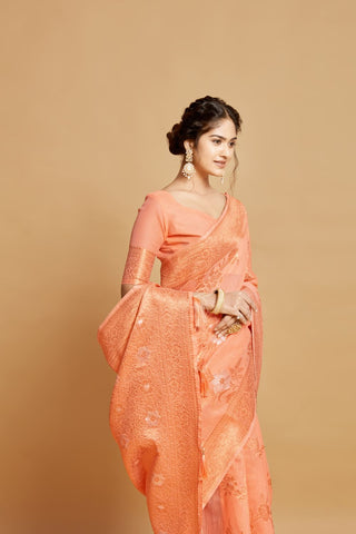 Orange Linen Chanderi Saree_Kumari Sarees