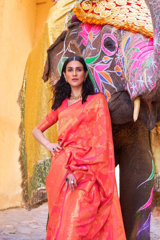 Orange Sequins Handloom Weaving Saree_Kumari Sarees