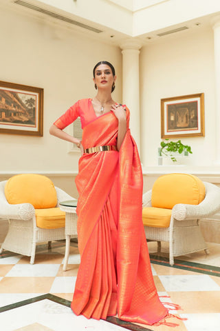 Orange Sequins Handloom Weaving Saree_Kumari Sarees