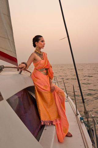 Orange Satin Pastel Two Tone Handloom Weaving Saree_Kumari Sarees