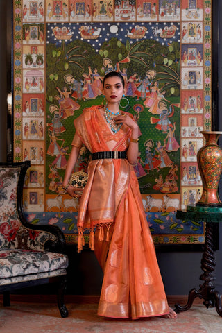 Orange Two Tone Handloom Weaving Organza Saree_Kumari Sarees