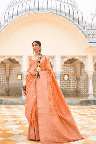 Orange Georgette Nylon Handloom Weaving Saree_Kumari sarees