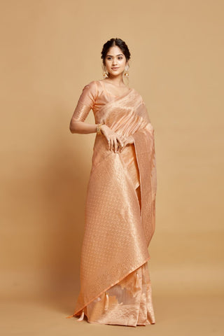 Orange Linen Jamdani Banarasi Saree_Kumari Sarees