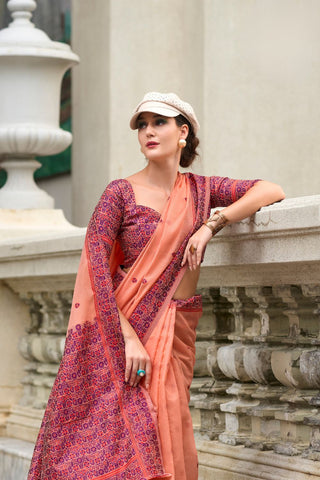 Orange Soft Linen Cotton Saree_Kumari Sarees