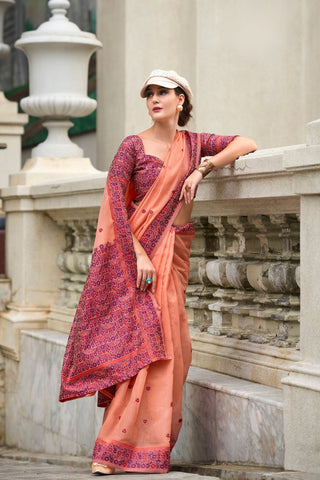 Orange Soft Linen Cotton Saree_Kumari Sarees