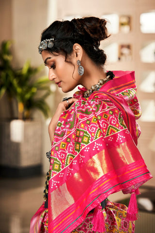 Orange & Pink Pure Tussar Patola Saree With Patola Print