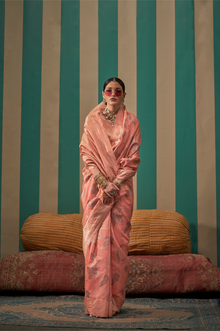 Peach Handloom Weaving Linen Saree_Kumari sarees