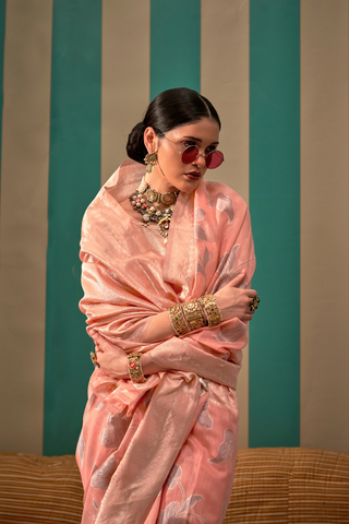 Peach Handloom Weaving Linen Saree_Kumari sarees