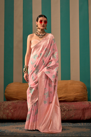 Pink Green Handloom Weaving Linen Saree_Kumari Sarees