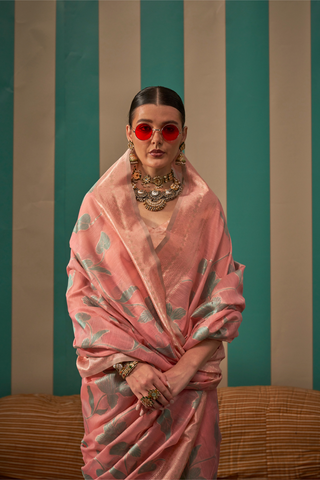 Pink Green Handloom Weaving Linen Saree_Kumari Sarees