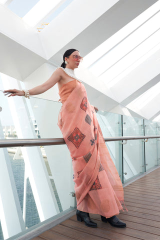 Pink Printed Zari Tissue Saree_Kumari Sarees