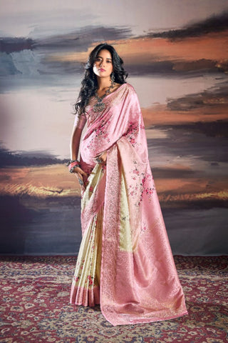 Pink & Yellow Pure Satin Saree_Kumari Sarees