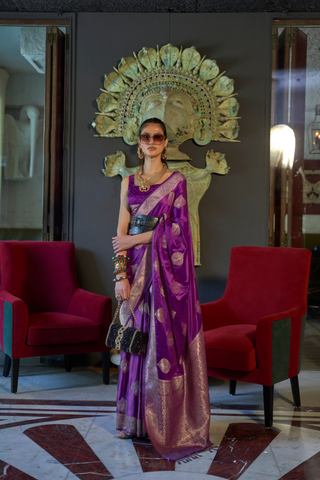 Purple Nylon Pure Satin Handloom Weaving Saree_Kumari Sarees