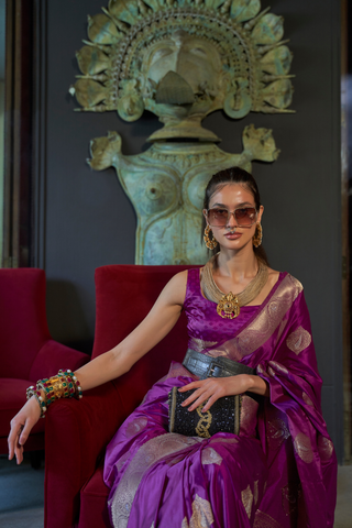 Purple Nylon Pure Satin Handloom Weaving Saree_Kumari Sarees