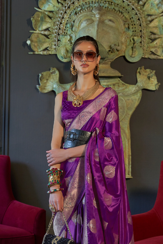 Purple Nylon Pure Satin Handloom Weaving Saree_Kumari Sarees