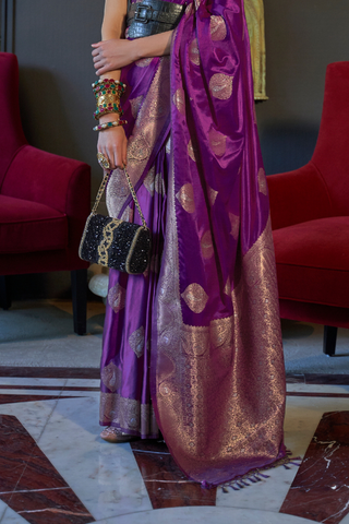 Purple Nylon Pure Satin Handloom Weaving Saree_Kumari Sarees