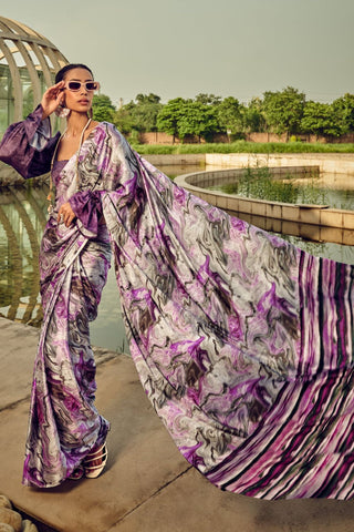 Purple Printed Satin Crepe Saree_Kumari Sarees