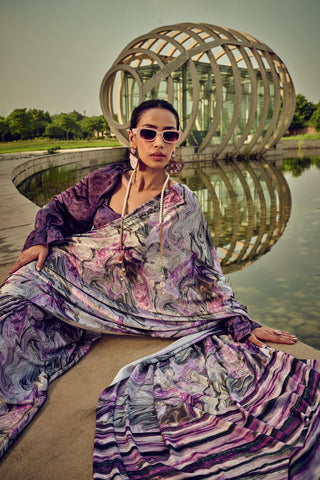 Purple Printed Satin Crepe Saree_Kumari Sarees