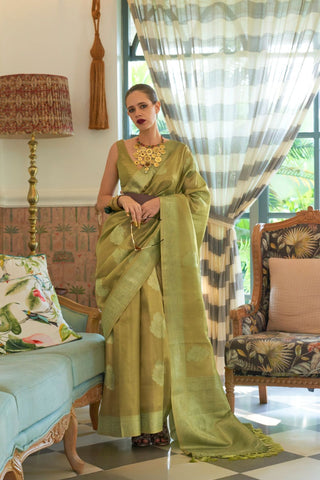 Olive Green Satin Tissue Nylon Handloom Weaving Saree_Kumari Sarees