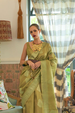 Olive Green Satin Tissue Nylon Handloom Weaving Saree_Kumari Sarees
