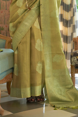 Olive Green Satin Tissue Nylon Handloom Weaving Saree_Kumari Sarees