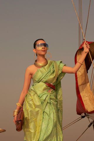 PASTEL GREEN PURE SATIN NYLON TWO - TONE WEAVING SAREE