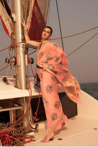 Peach Chinon Nylon Handloom Weaving Saree_Kumari Sarees
