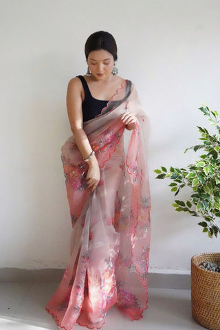 Peach Organza Handwork Digital Print Saree_Kumari Sarees