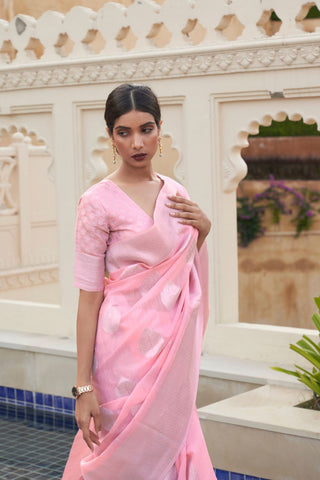 Peach Pure Linen Weaving Saree_Kumari Sarees