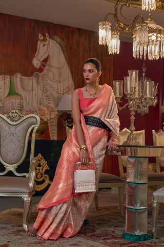 Peach Modal Handloom Kashmiri Weaving Silk Saree_Kumari Sarees