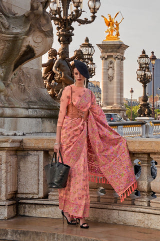 Peach Organza Parsi Handloom Weaving Saree_Kumari Sarees
