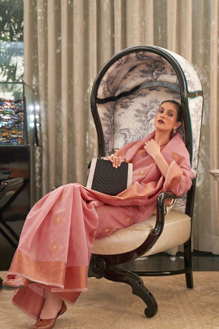 Peach Pure Linen Silk Saree_Kumari Sarees